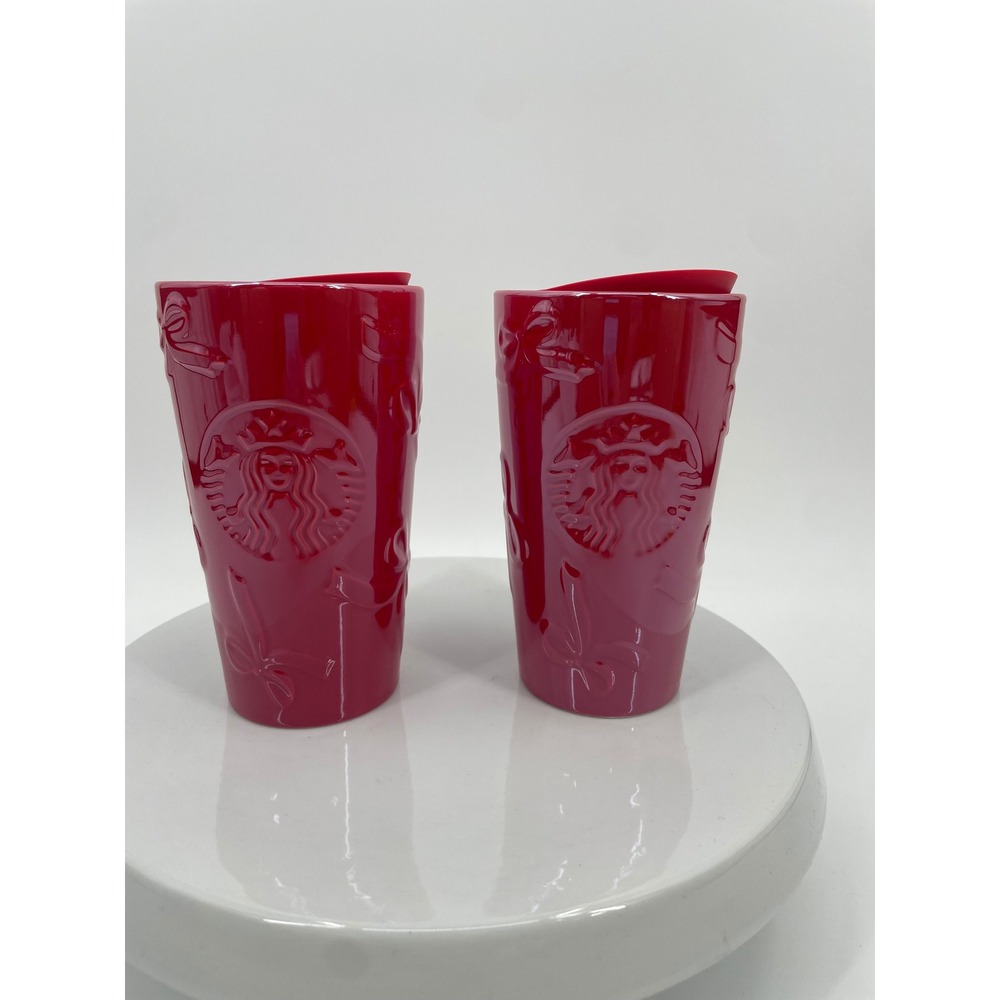 Starbucks Ceramic Tumbler Set 2- 12oz Red Ceramic Holiday Bow Siren Mug Gift New